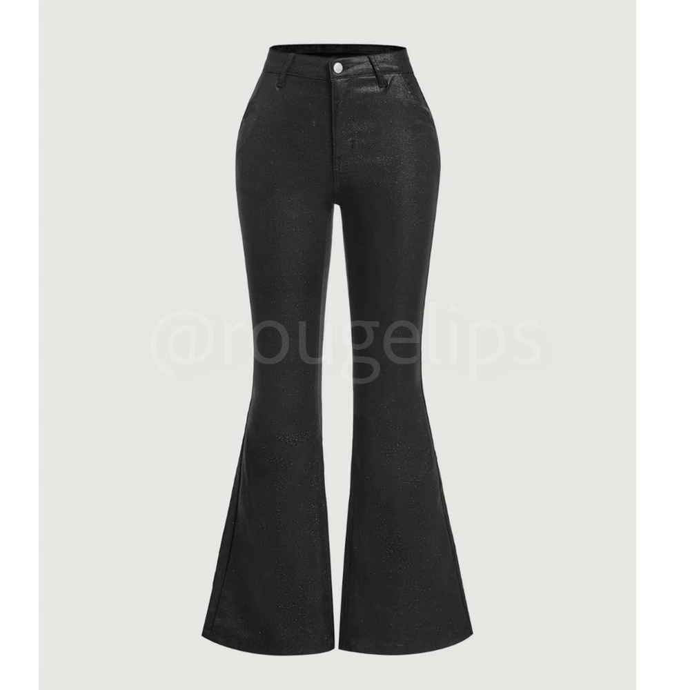 Black Faux Leather Wax Coated Jeans Flared Leg Bell Bottom High Waist - Picture 12 of 16